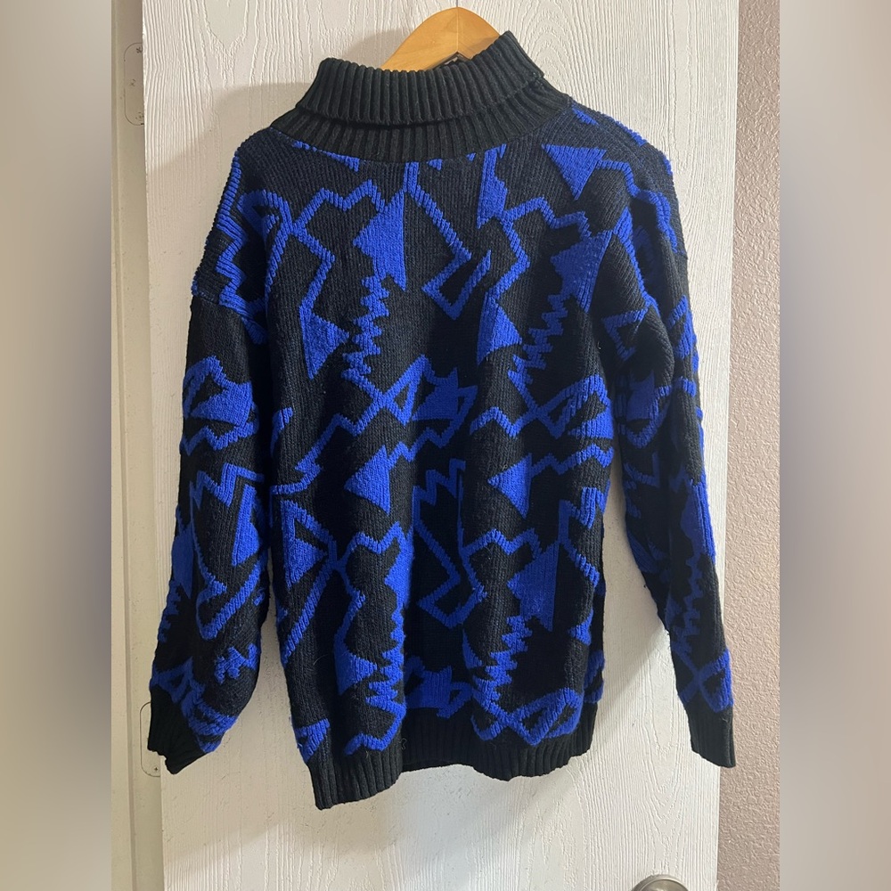Vintage Justin Allen Sweater black  Blue Geometric Pattern 90s Y2K USA Made S/M